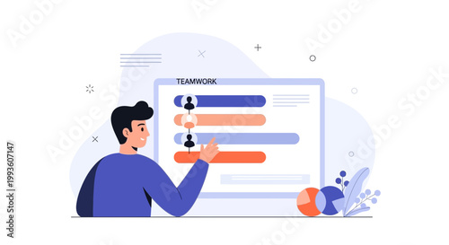 Teamwork concept: man analyzing progress on a digital screen with charts and graphs