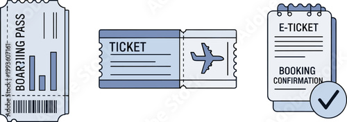 Airline Ticket and Travel Booking Icon Set Featuring Boarding Pass, Flight Ticket, and E Ticket Confirmation for Tourism, Vacation Planning, and Air Travel Vector Design