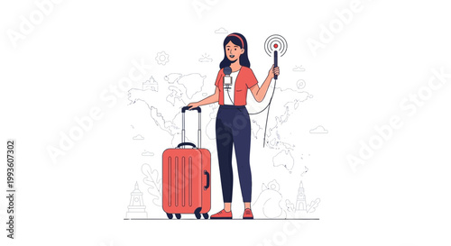 Traveler Reporter with Suitcase and Microphone, World Map Background