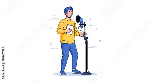 Voice actor recording in studio with microphone, holding script, professional audio production