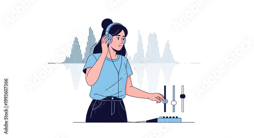 Woman DJing with Headphones and Sound Waves, Mixing Music on Control Panel
