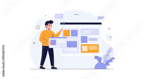 Web designer arranging website layout on a screen, digital interface design concept