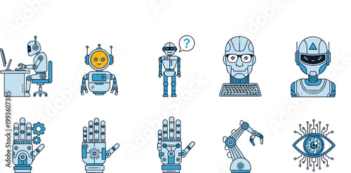 Artificial Intelligence and Robotics Icons Vector Set Featuring AI Robots Robotic Hands Automation Systems and Digital Vision Elements