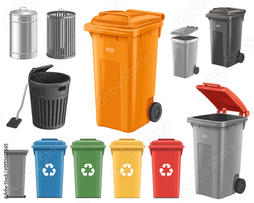Collection of trash cans and recycling bins of various colors and designs for waste management