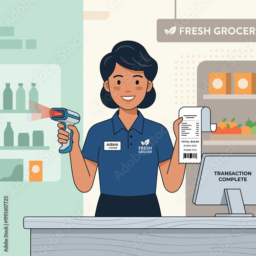 Fresh Grocer Cashier On Computer Monitor With Scanner