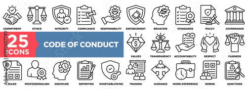 Code Of Conduct Icon Set Collection In Outline Style. Icon Pack Contain Ethics, Integrity, Compliance, Behavior, Standards, Policy, Governance, Professionalism, Fairness, Enforcement Icon