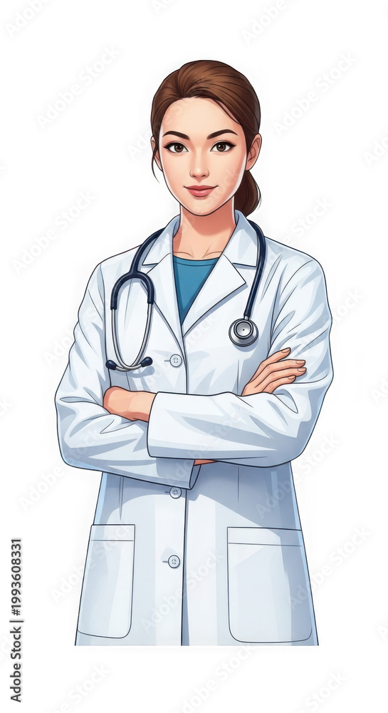 Fototapeta premium Female anime doctor character with stethoscope standing on transparent background.