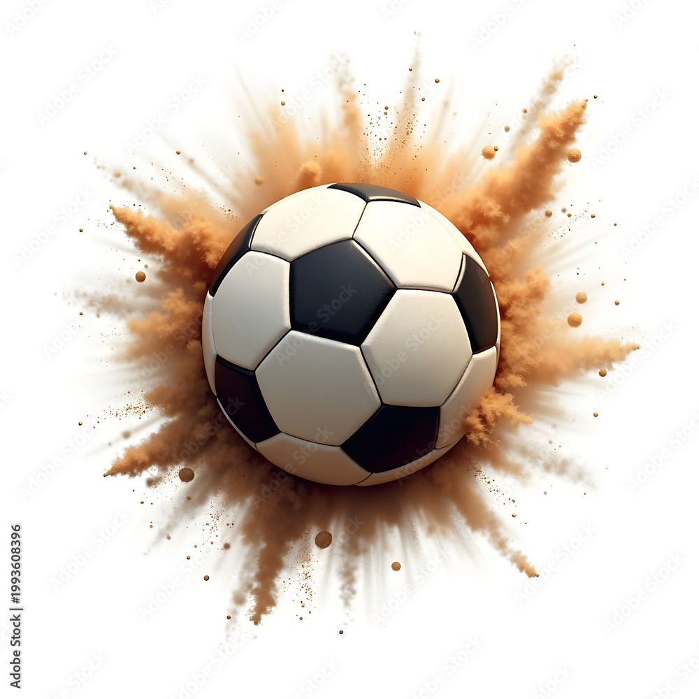Fototapeta premium Flying Soccer Ball Dust Explosion – Dramatic Sports Freeze Motion