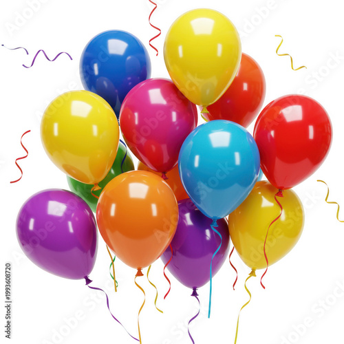 A colorful bunch of balloons floating with ribbons