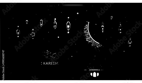 Modern Ramadan Kareem vector design with islamic patterns crescent moon and mosque illustration