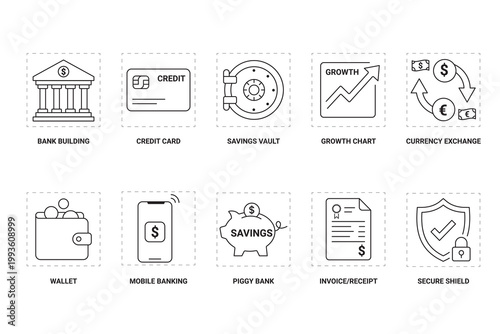 Financial savings and banking services icon set