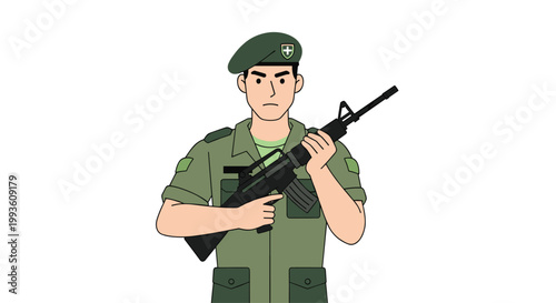 A determined young soldier wearing a green beret with a white cross emblem stands against a white background while holding a rifle in bright lighting.