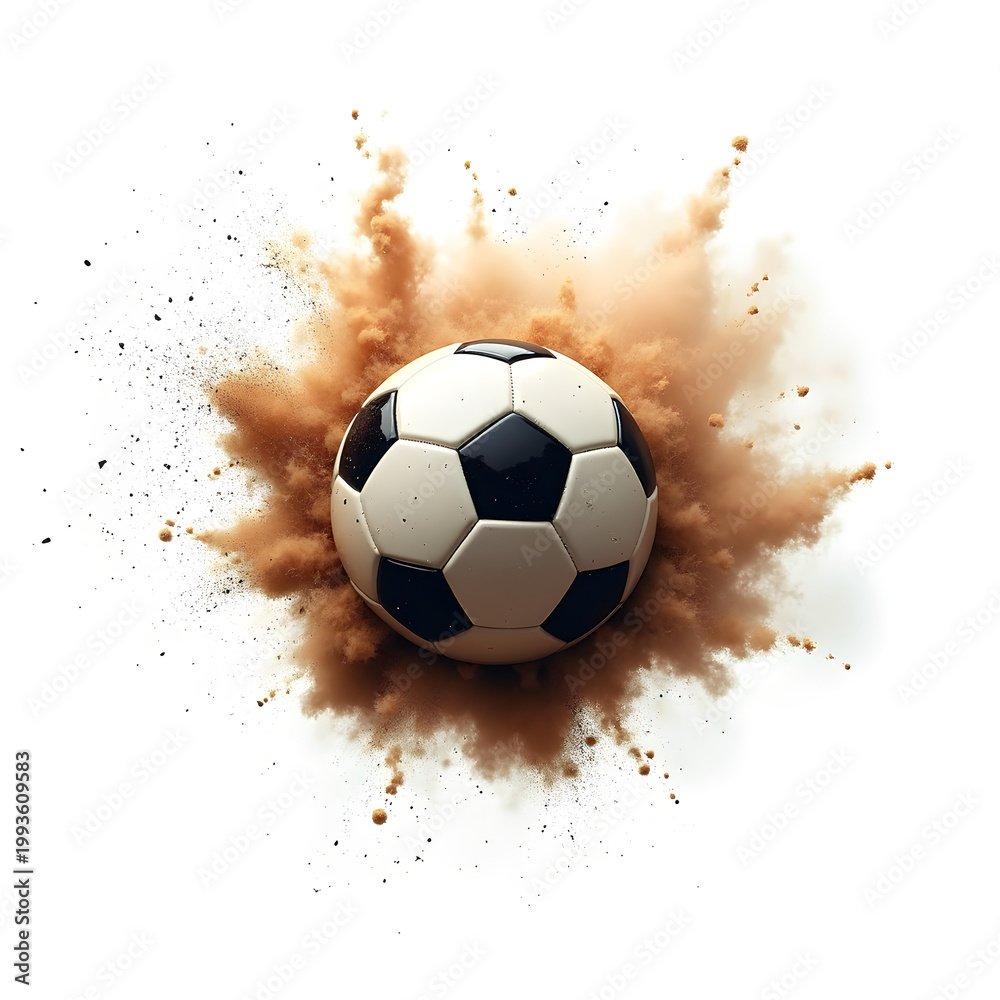 Fototapeta premium Flying Soccer Ball Dust Explosion – Dramatic Sports Freeze Motion