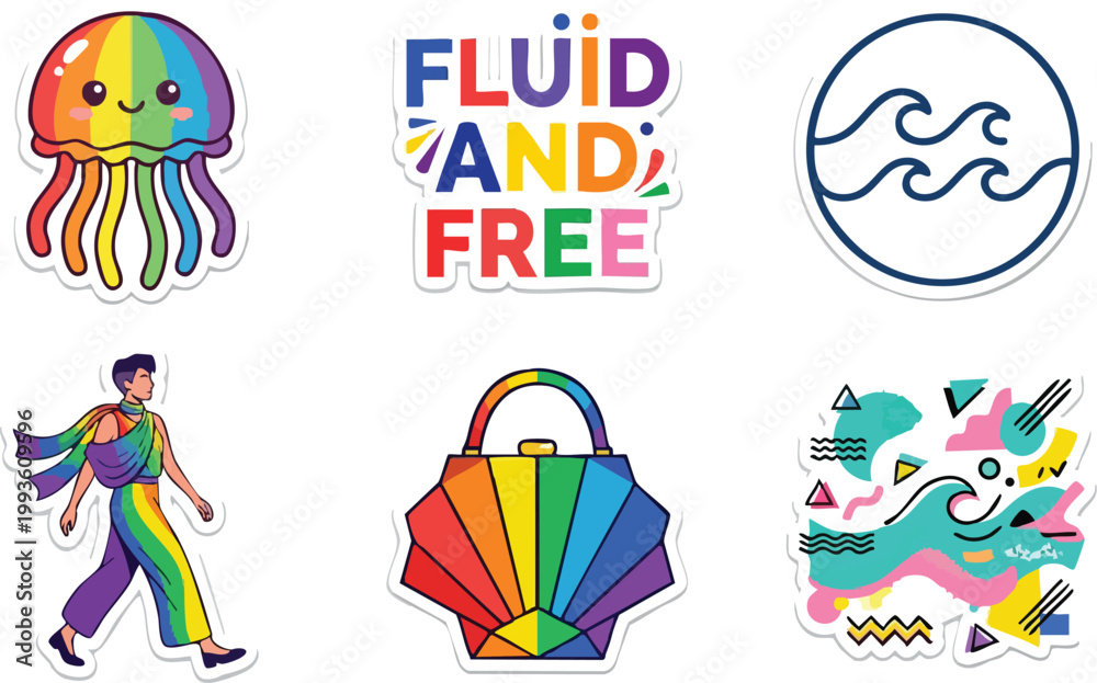 Fototapeta premium Colorful rainbow jellyfish and fluid and free text stickers with abstract shapes and walking person