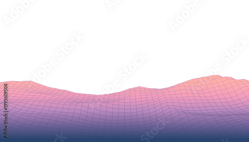 Abstract pink wireframe mountain landscape with futuristic low poly terrain isolated on transparent background