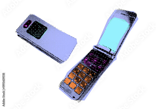 Classic retro flip mobile phone in 90s pixel style. Y2K aesthetic element retro cellphone isolated on transparent background