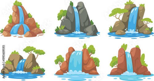 Waterfall landscapes with rocks trees and flowing water, natural scenery elements for outdoor travel nature themes
