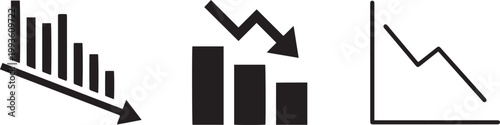 Business failure bar chart icons set showing financial loss and downward market trend with decreasing arrows for corporate data analysis and bankruptcy.