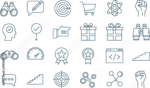 Business management productivity icons, teamwork collaboration growth graphics, corporate success innovation symbols, organizational planning strategy design, professional illustration