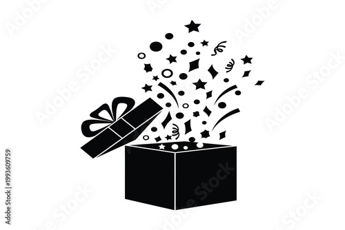 Surprise explosion a gift box unveiling a burst of celebratory confetti and stars