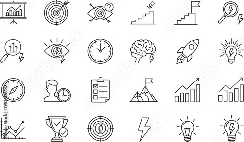 Business productivity growth icons, corporate management teamwork graphics, organizational success innovation symbols, professional strategy achievement design, workflow illustration