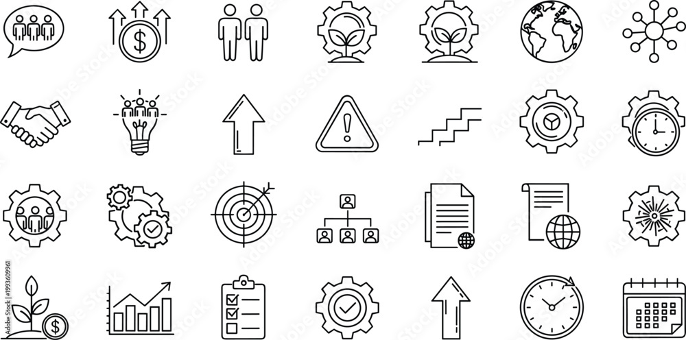 Fototapeta premium Business management growth icons, productivity teamwork collaboration graphics, corporate success innovation symbols, organizational strategy achievement design, professional illustration