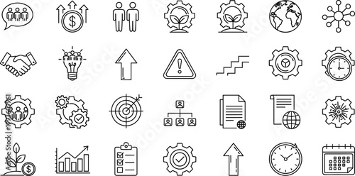 Business management growth icons, productivity teamwork collaboration graphics, corporate success innovation symbols, organizational strategy achievement design, professional illustration