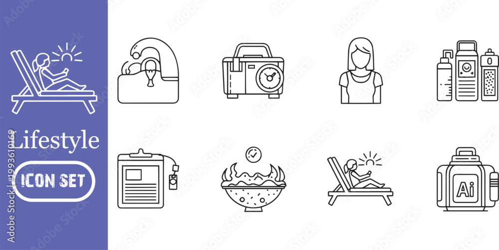 Fototapeta premium Summer Lifestyle and Wellness Icon Set: Minimalist Line Art for Sunbathing, Healthy Food, Skin Care, Travel, and Relaxation – Editable Stroke Vector Symbols for Web & Mobile Apps