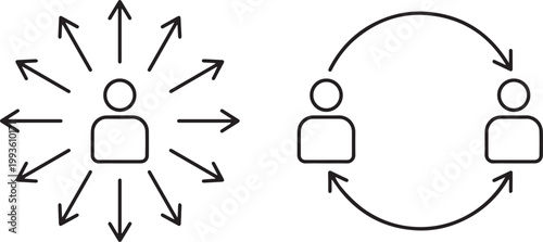 High quality CAD drawing flat vector illustration of social broadcasting and user interaction icons with directional arrows for professional business communication design.