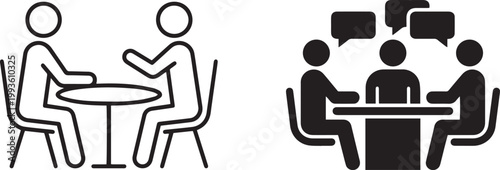 Professional business meeting and corporate job interview concept with people icons discussing at table isolated on white background for networking and communication.