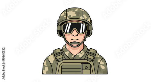 A focused soldier wearing a detailed desert camouflage uniform and a protective helmet stares forward against a white background in clear bright light.
