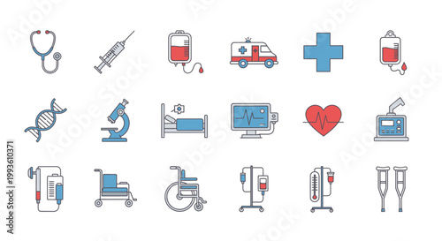 Medical icons and hospital equipment symbols.