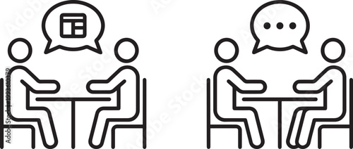 Professional business meeting icon set with people sitting at table for job interview and office discussion isolated on white background vector.