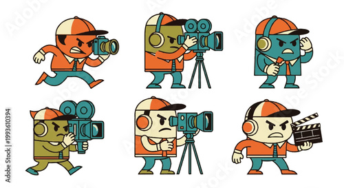 Cartoon filmmakers with equipment ready for production