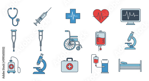 Medical equipment and health care symbols.
