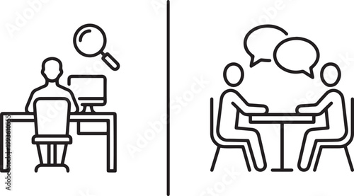 Professional business recruitment and job interview concept with people icons discussing at table and office worker searching isolated on white background for careers.