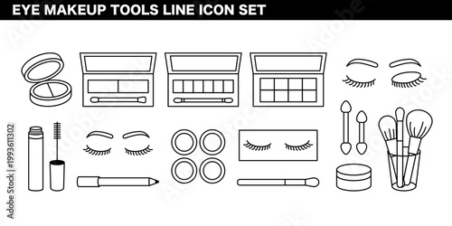 アイメイク用品・目元メイク・コスメカテゴリを表現した線画イラストセット アイシャドウ・マスカラ・アイライナーなどのビューティーコンセプト