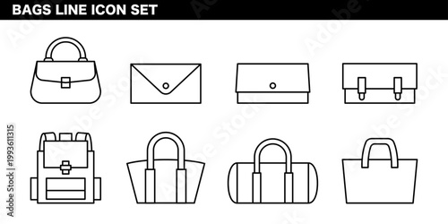 バッグ・カバン・ファッション小物カテゴリを表現した線画イラストセット ハンドバッグ・リュック・ショルダーバッグ・アパレルコンセプト