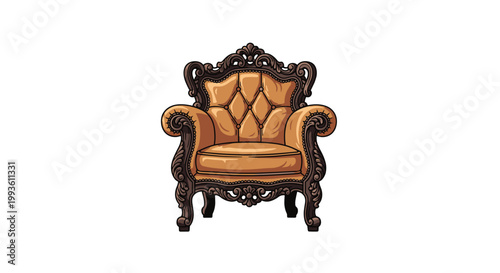 A sophisticated brown leather armchair with a tufted backrest and dark wood carvings stands alone on a white background under soft and clean lighting.