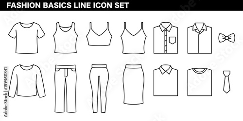 ファッション・衣類・アパレルの基本カテゴリを表現した線画イラストセット トップス・アウター・バッグ・帽子などのファッションコンセプト