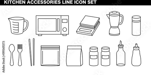 キッチン用品・調理器具・アクセサリーカテゴリを表現した線画イラストセット 台所ツール・日用品・料理コンセプト