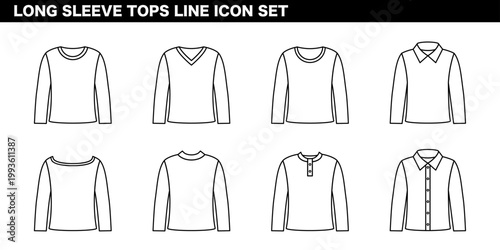 長袖Tシャツ・トップス・衣類カテゴリを表現した線画イラストセット カットソー・春秋服・カジュアルウェアコンセプト