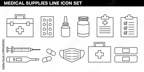 医療用品・ヘルスケア・衛生アイテムカテゴリを表現した線画イラストセット 病院・診療・応急処置の医療コンセプト