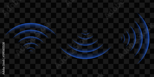 Round glowing light Wi-Fi effect and Sonar sound waves set. WiFi concentric circles and RFID Radio Frequency Identification signal. Water ripples with circular waves and echo of glowing signal. Vector