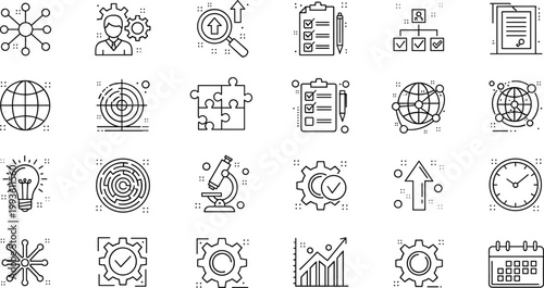 Business productivity technology icons, organizational management innovation graphics, corporate teamwork analysis symbols, professional success strategy design, data communication illustration