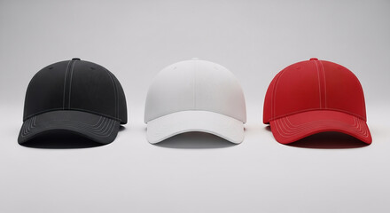 Set of three blank baseball caps in black, white, and red colors isolated on a clean neutral background. Minimalist design perfect for branding, mockups, fashion concepts, and apparel advertising.