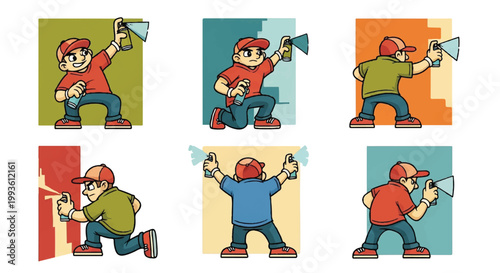Cartoon graffiti artist spraying paint set illustration