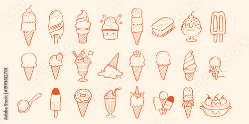 hand drawn doddle vector set of different ice cream types . line art . ice cream elements set . sketches ice cream art . vector illustration