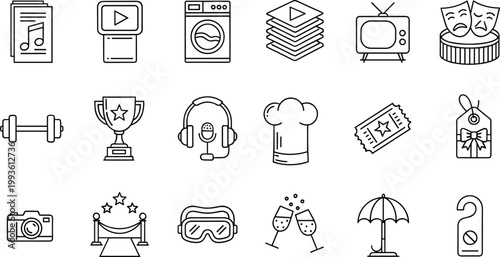 Professional collection of minimalist black line icons featuring lifestyle entertainment, travel recreation, household appliances, awards, and hospitality vector symbols for creative web design.