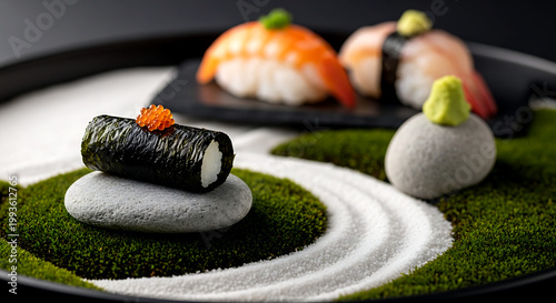 Wabi-sabi garden. a tiny piece of nori seaweed and a tobiko eggs arranged as a stone and moss scene next to a miniature sand garden with a real nigiri in the background 